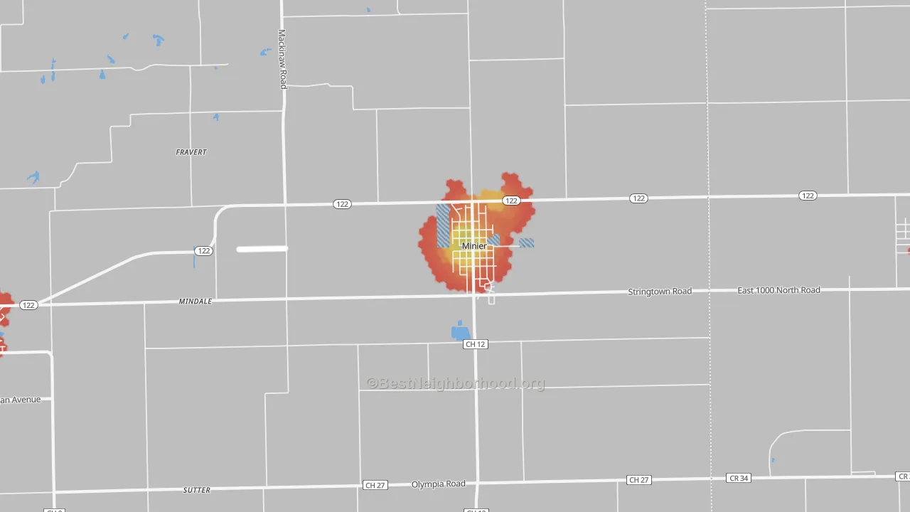Walk Grade map of 61759, IL, walkable areas in green and car-dependent areas in red