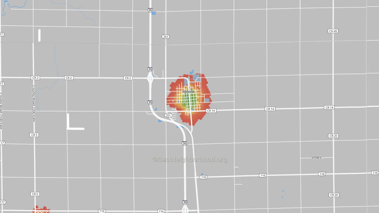 Walk Grade map of 61760, IL, walkable areas in green and car-dependent areas in red