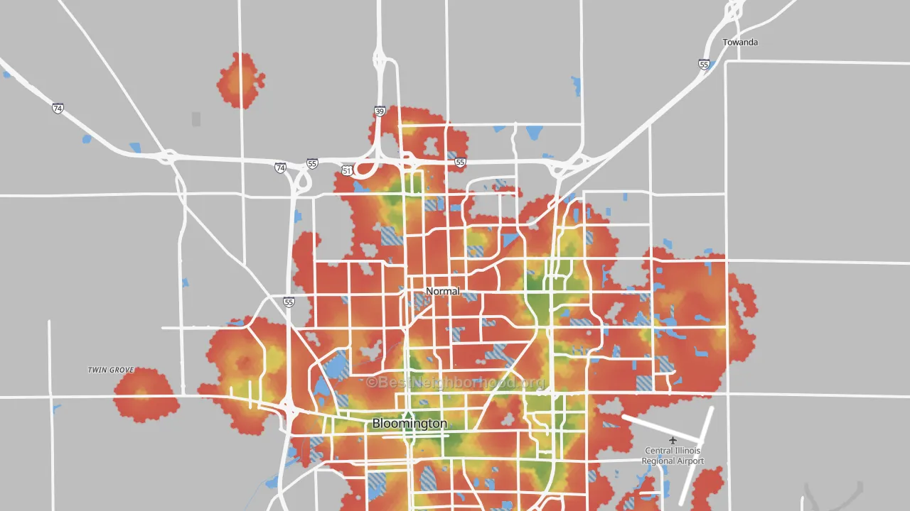 Walk Grade map of 61761, IL, walkable areas in green and car-dependent areas in red