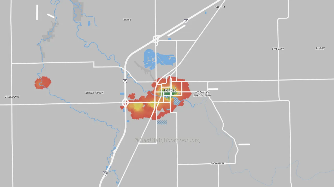 Walk Grade map of 61764, IL, walkable areas in green and car-dependent areas in red