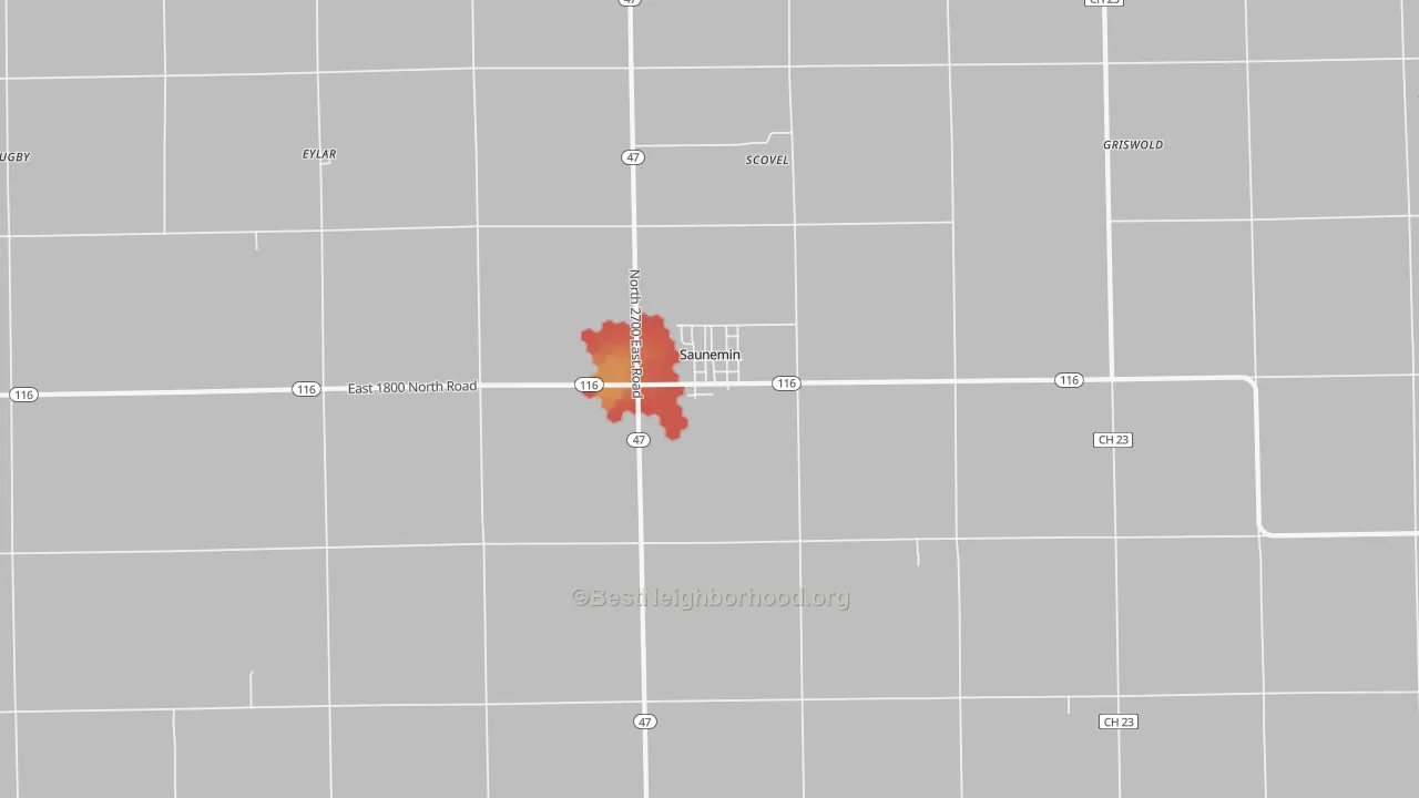 Walk Grade map of 61769, IL, walkable areas in green and car-dependent areas in red