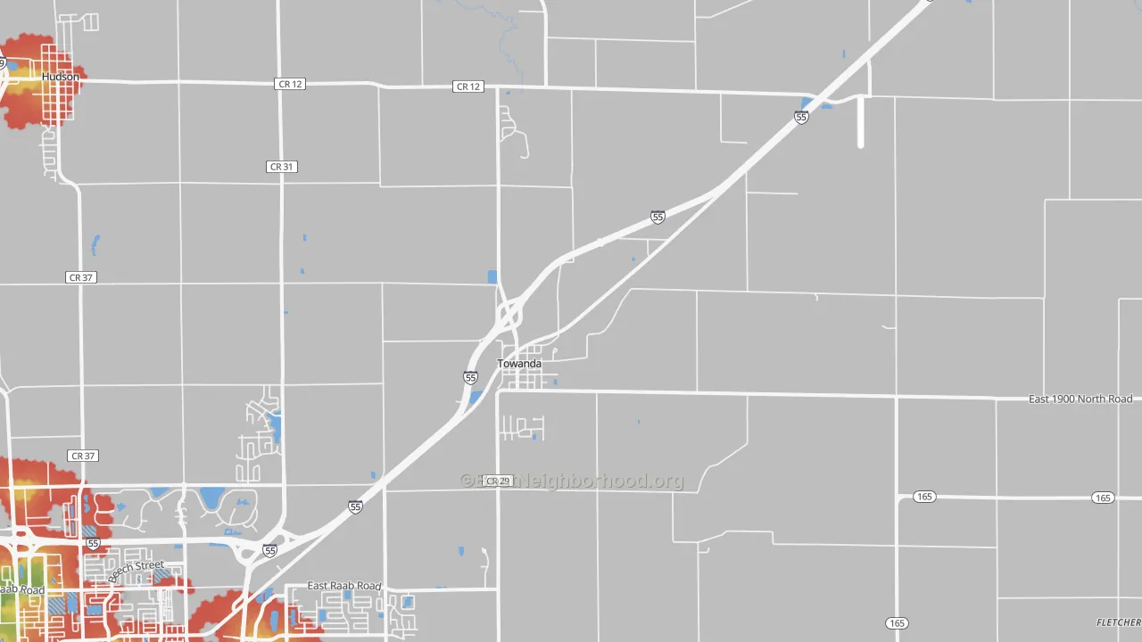 Walk Grade map of 61776, IL, walkable areas in green and car-dependent areas in red