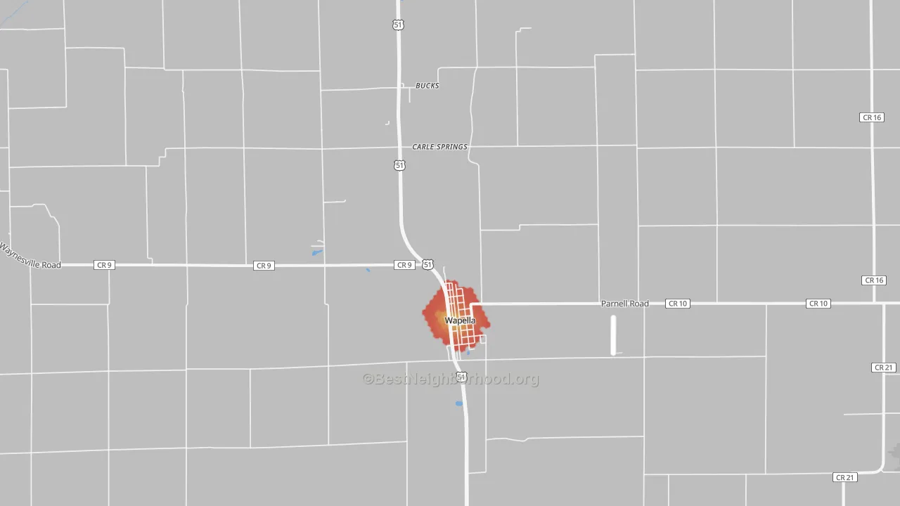 Walk Grade map of 61777, IL, walkable areas in green and car-dependent areas in red
