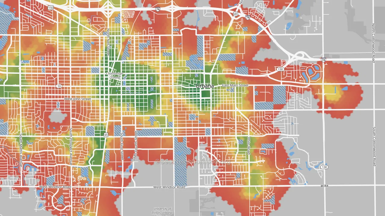 Walk Grade map of 61801, IL, walkable areas in green and car-dependent areas in red