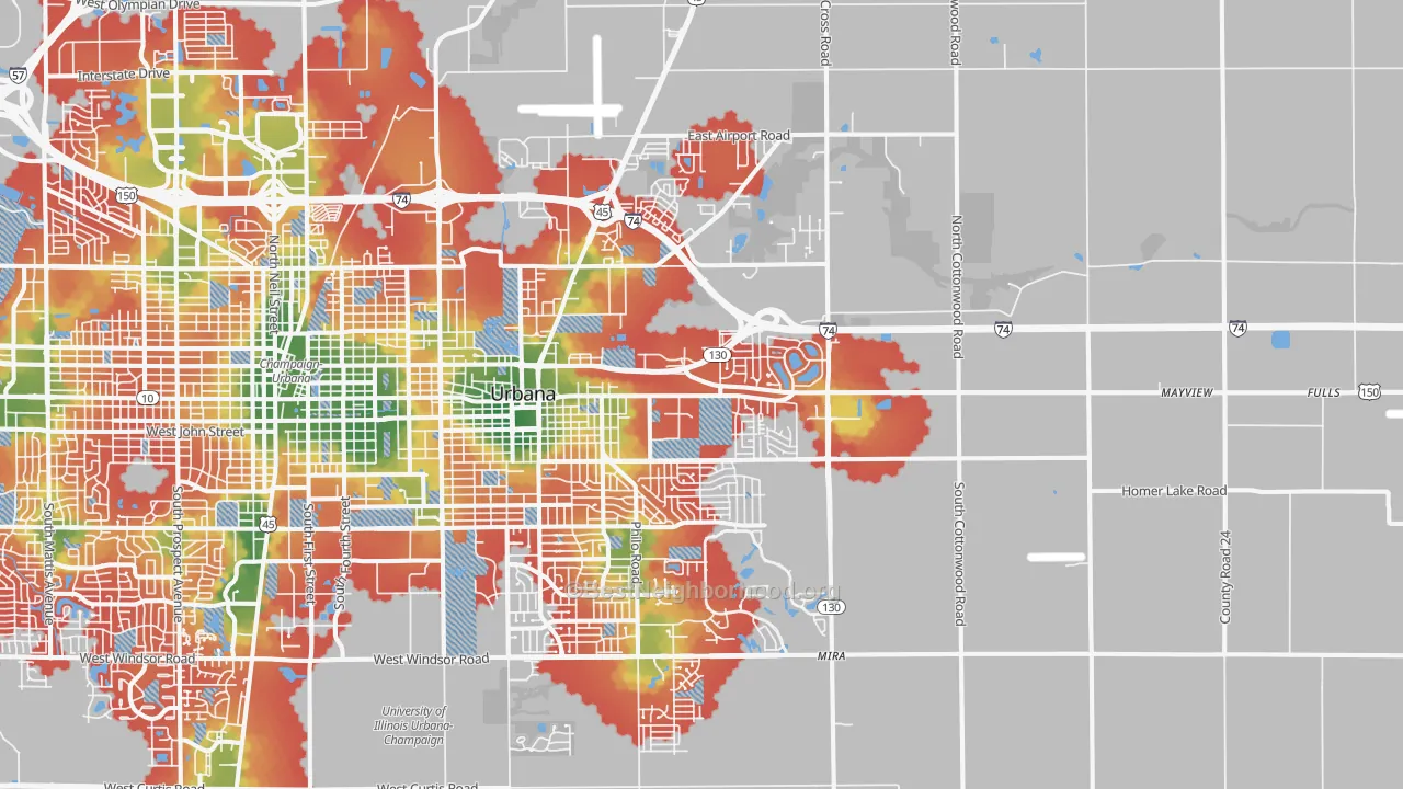 Walk Grade map of 61802, IL, walkable areas in green and car-dependent areas in red