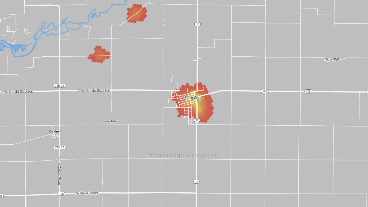 Walk Grade map of 61818, IL, walkable areas in green and car-dependent areas in red