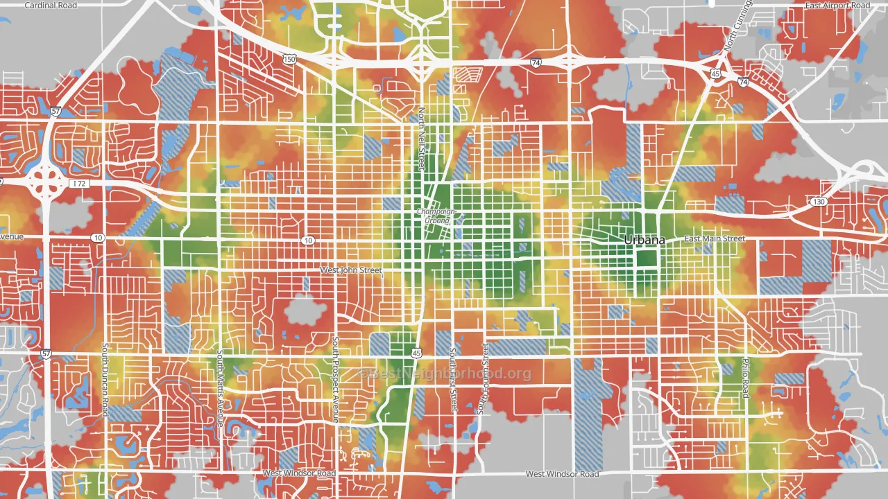 Walk Grade map of 61820, IL, walkable areas in green and car-dependent areas in red