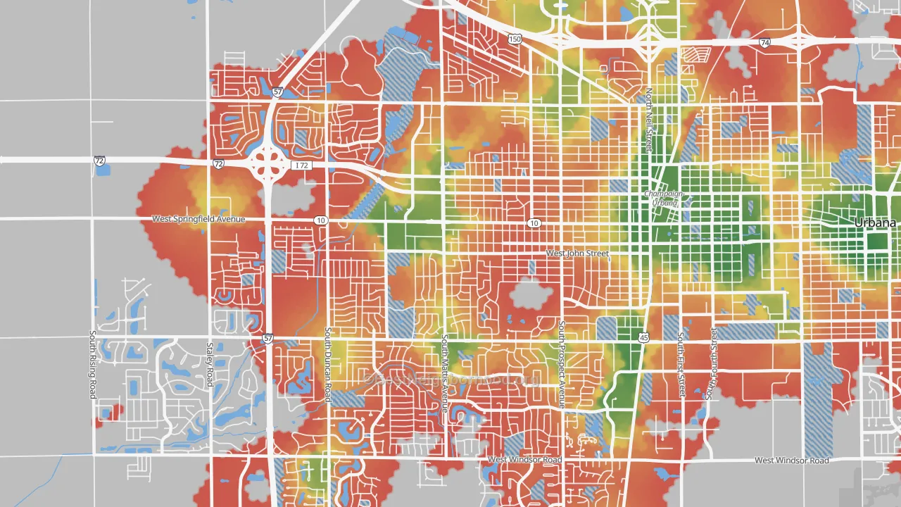 Walk Grade map of 61821, IL, walkable areas in green and car-dependent areas in red