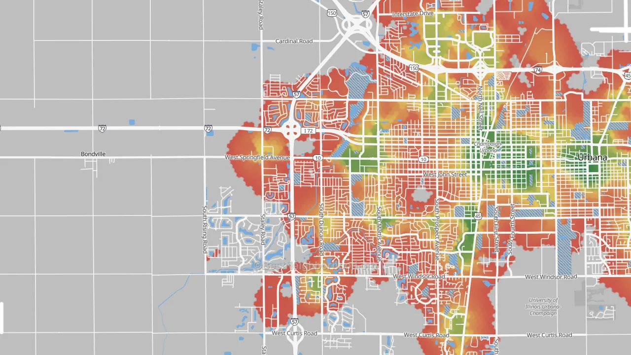 Walk Grade map of 61822, IL, walkable areas in green and car-dependent areas in red