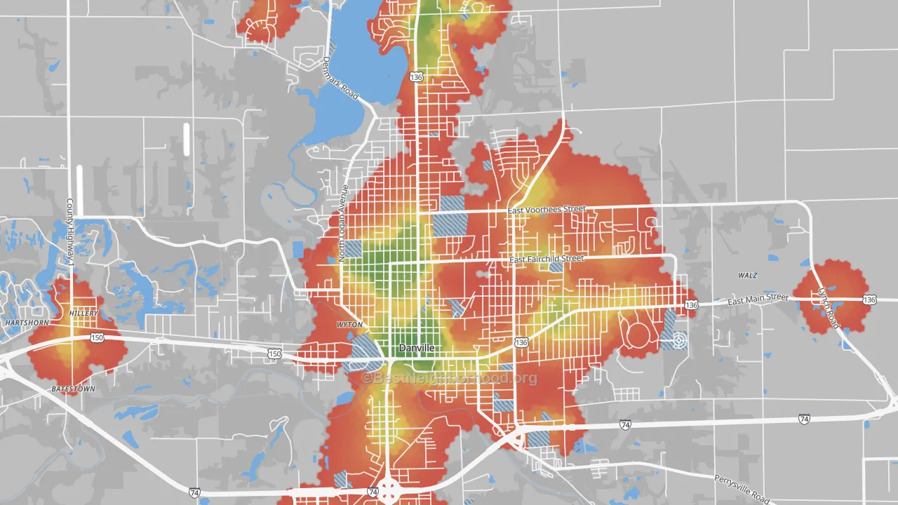 Walk Grade map of 61832, IL, walkable areas in green and car-dependent areas in red