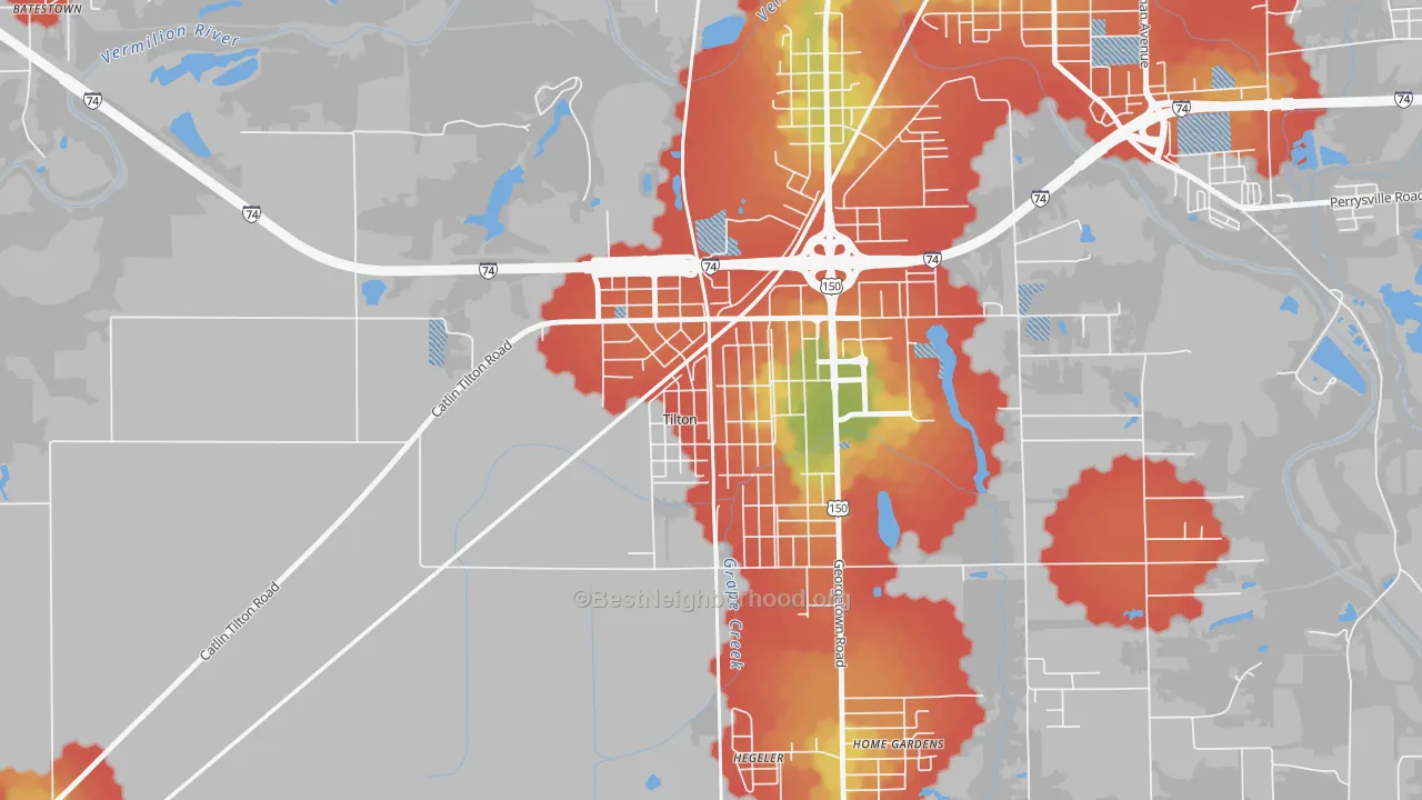 Walk Grade map of 61833, IL, walkable areas in green and car-dependent areas in red