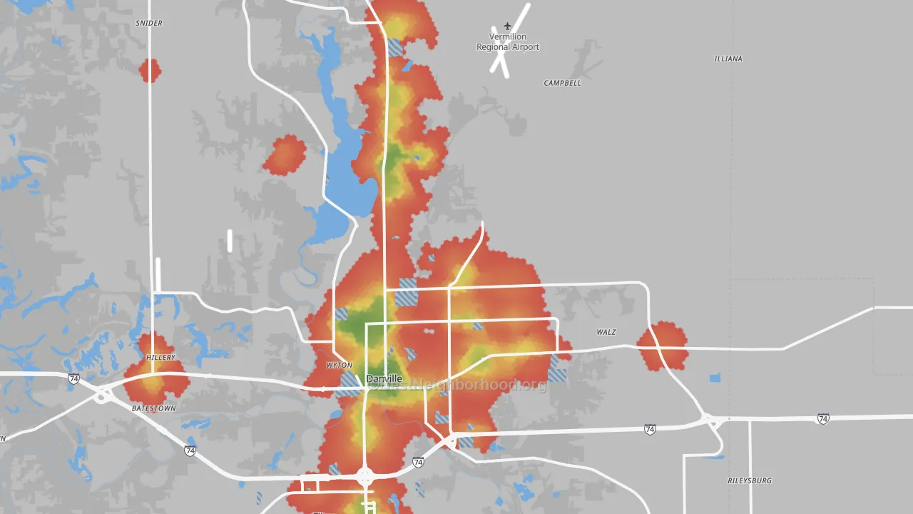 Walk Grade map of 61834, IL, walkable areas in green and car-dependent areas in red