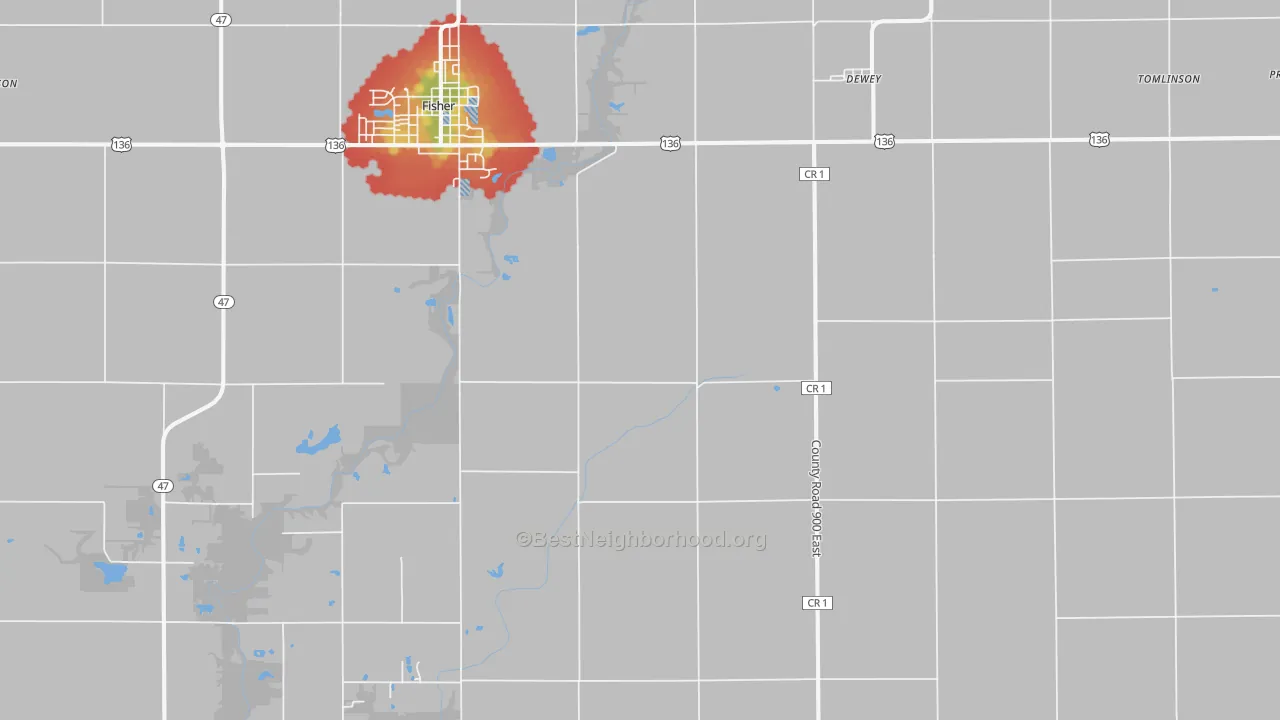 Walk Grade map of 61840, IL, walkable areas in green and car-dependent areas in red