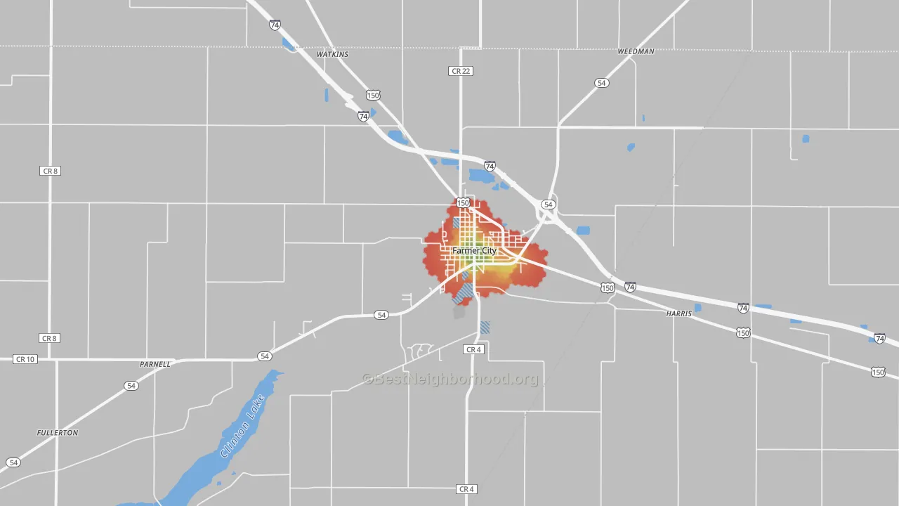 Walk Grade map of 61842, IL, walkable areas in green and car-dependent areas in red