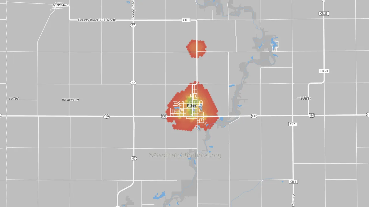 Walk Grade map of 61843, IL, walkable areas in green and car-dependent areas in red