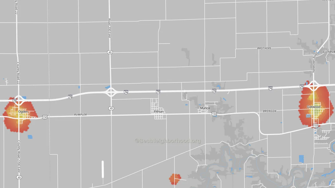 Walk Grade map of 61844, IL, walkable areas in green and car-dependent areas in red
