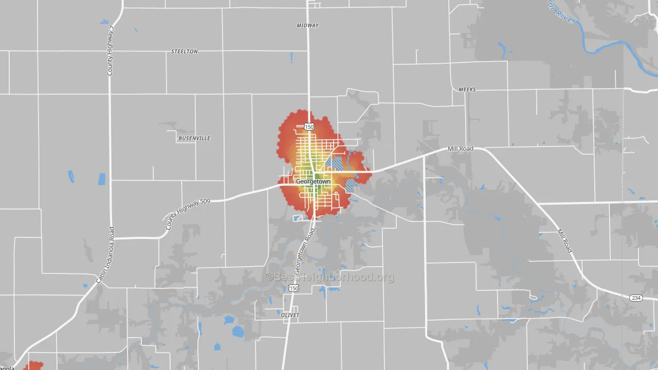 Walk Grade map of 61846, IL, walkable areas in green and car-dependent areas in red