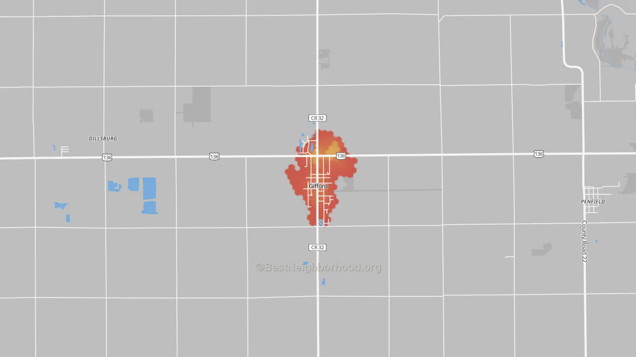 Walk Grade map of 61847, IL, walkable areas in green and car-dependent areas in red