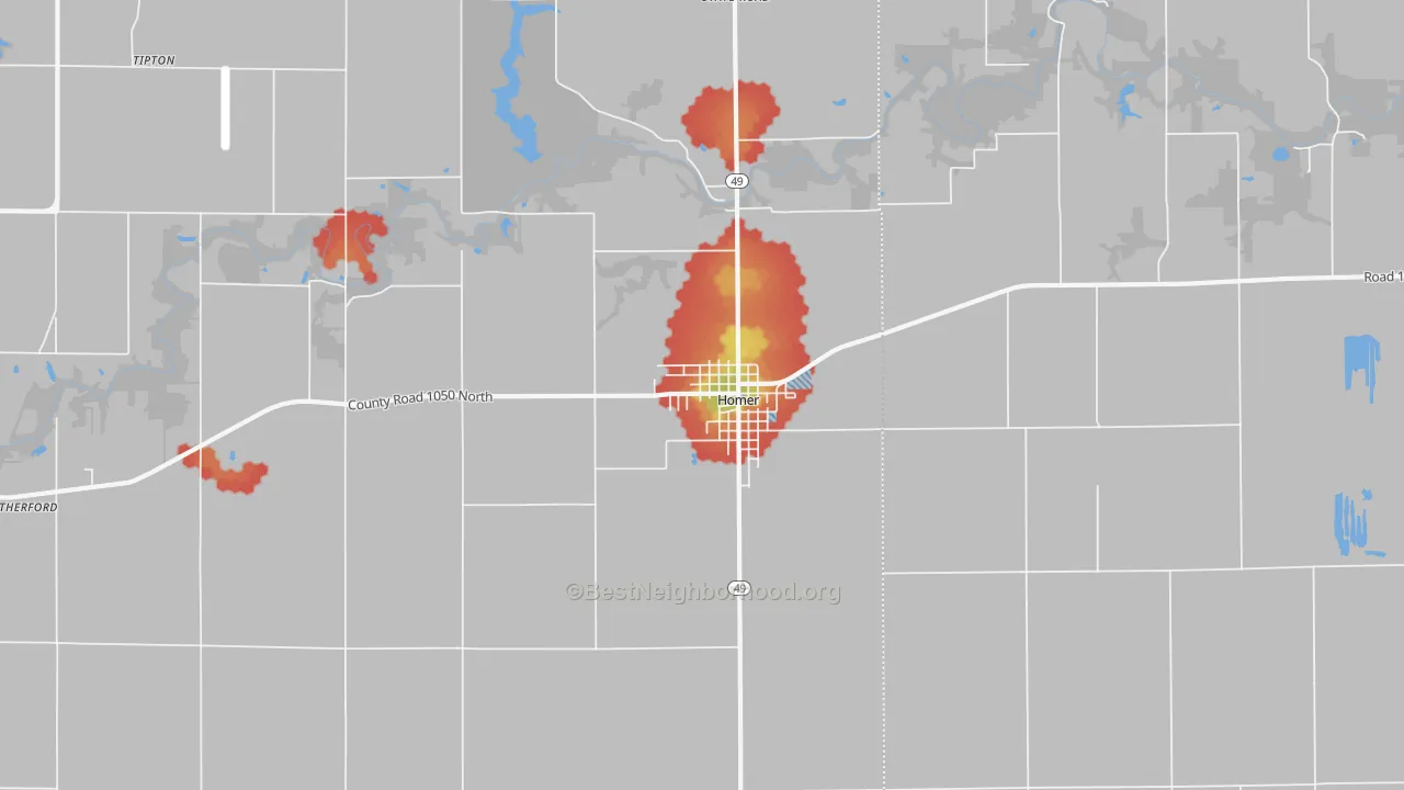 Walk Grade map of 61849, IL, walkable areas in green and car-dependent areas in red