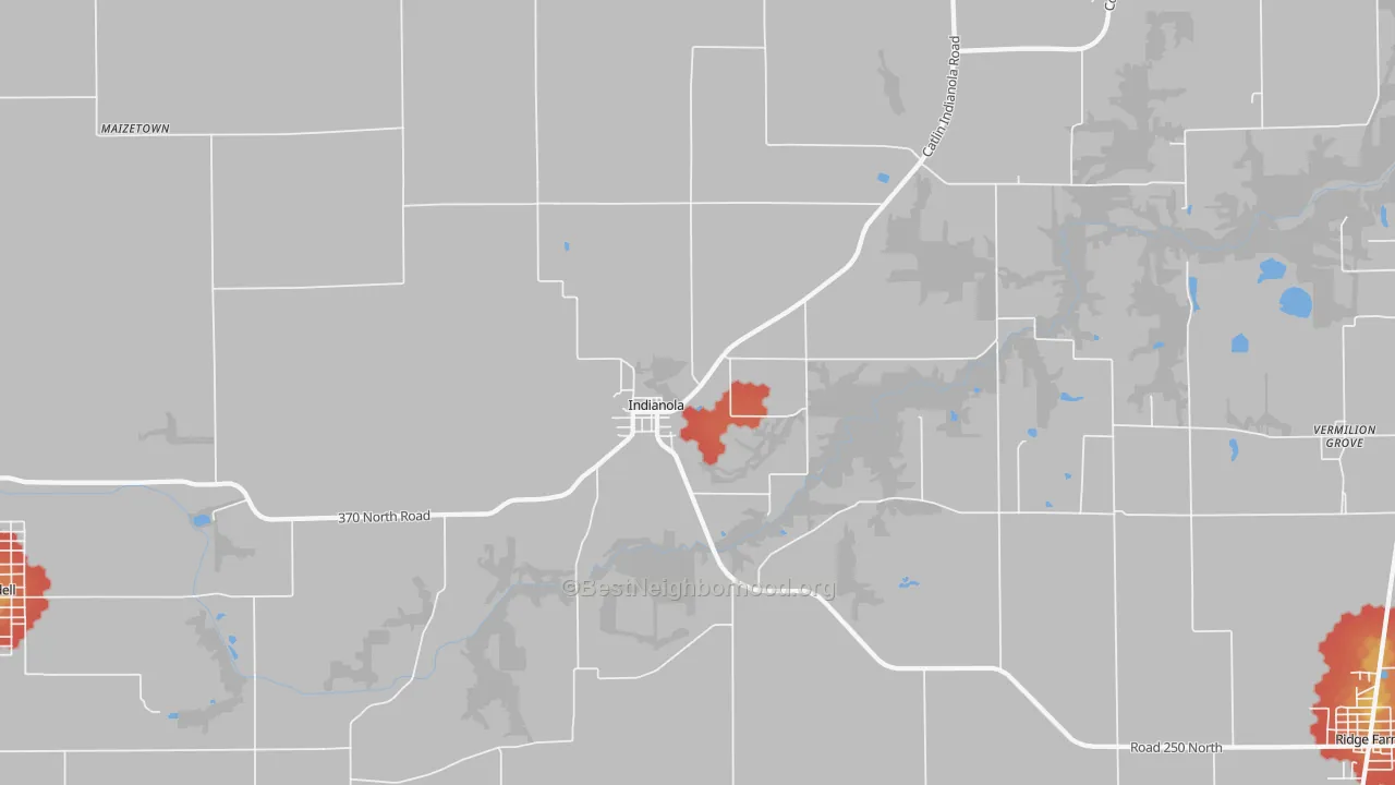 Walk Grade map of 61850, IL, walkable areas in green and car-dependent areas in red