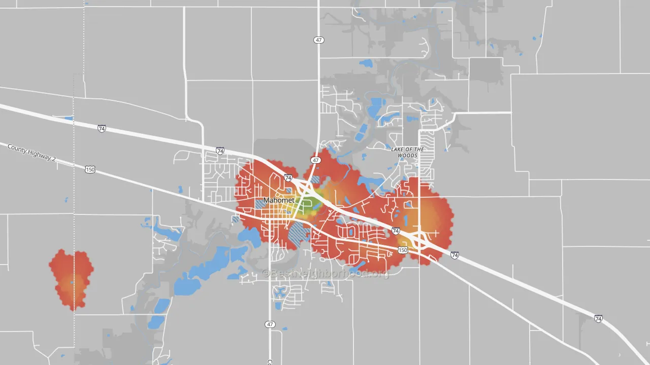 Walk Grade map of 61853, IL, walkable areas in green and car-dependent areas in red