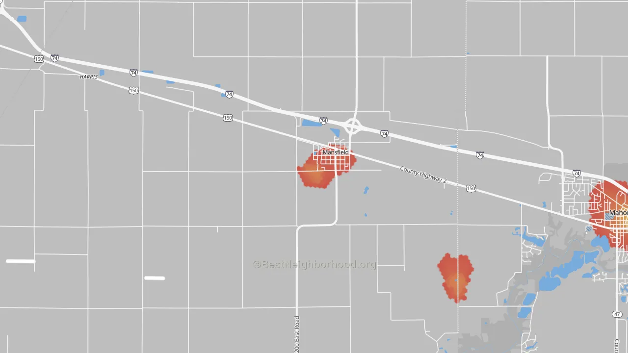 Walk Grade map of 61854, IL, walkable areas in green and car-dependent areas in red