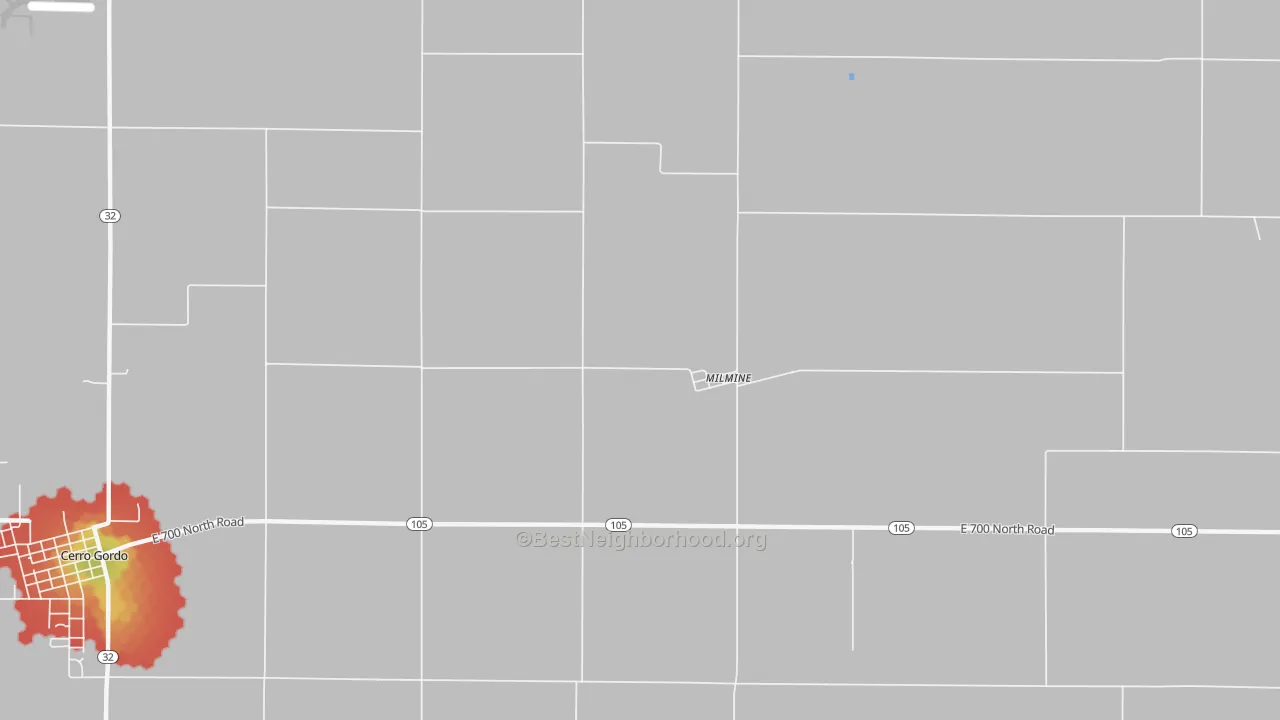 Walk Grade map of 61855, IL, walkable areas in green and car-dependent areas in red