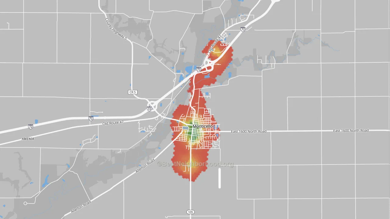 Walk Grade map of 61856, IL, walkable areas in green and car-dependent areas in red