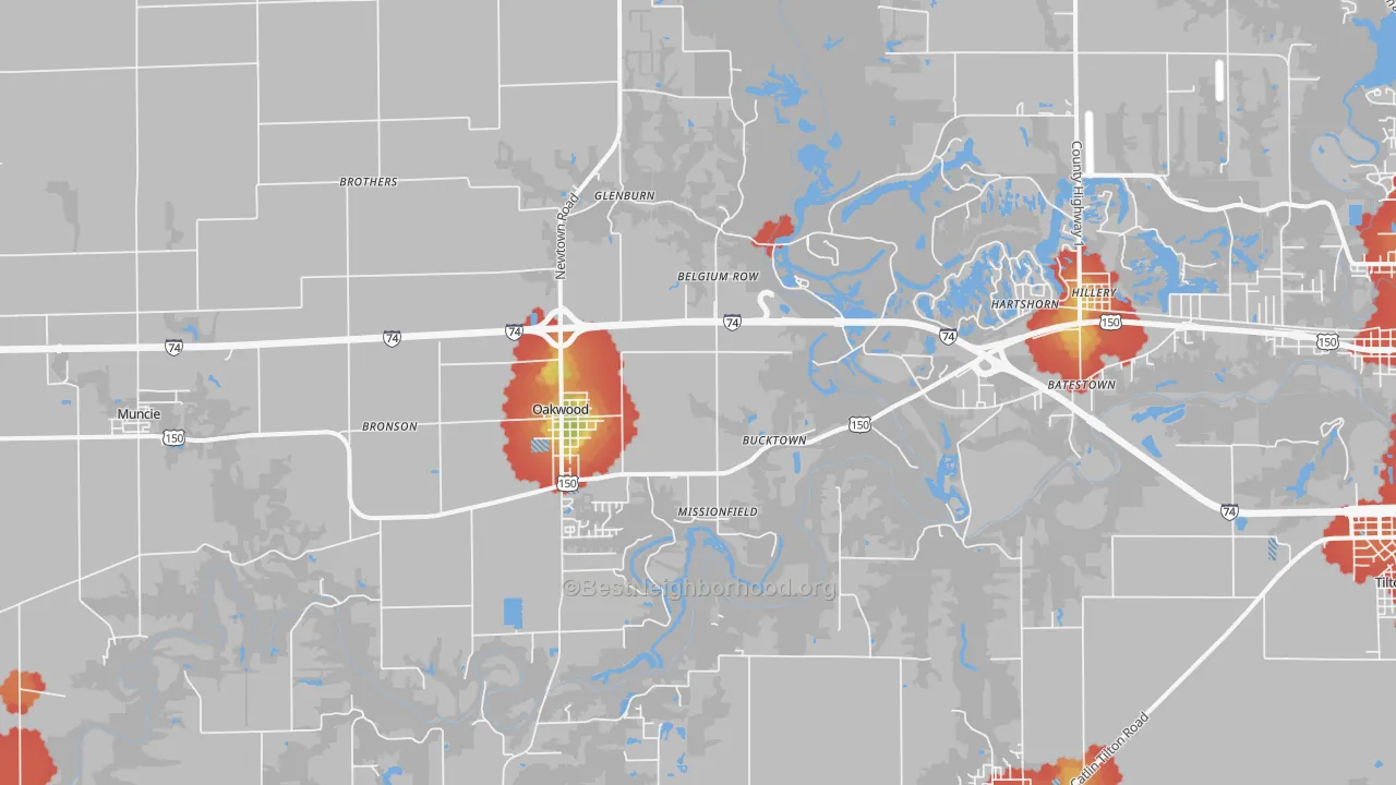 Walk Grade map of 61858, IL, walkable areas in green and car-dependent areas in red
