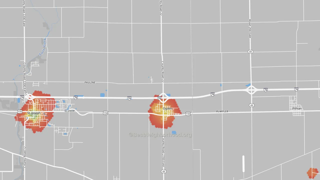 Walk Grade map of 61859, IL, walkable areas in green and car-dependent areas in red