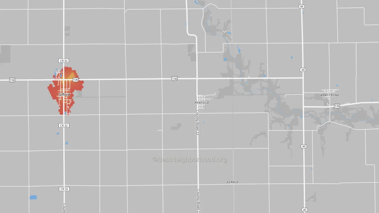 Walk Grade map of 61862, IL, walkable areas in green and car-dependent areas in red