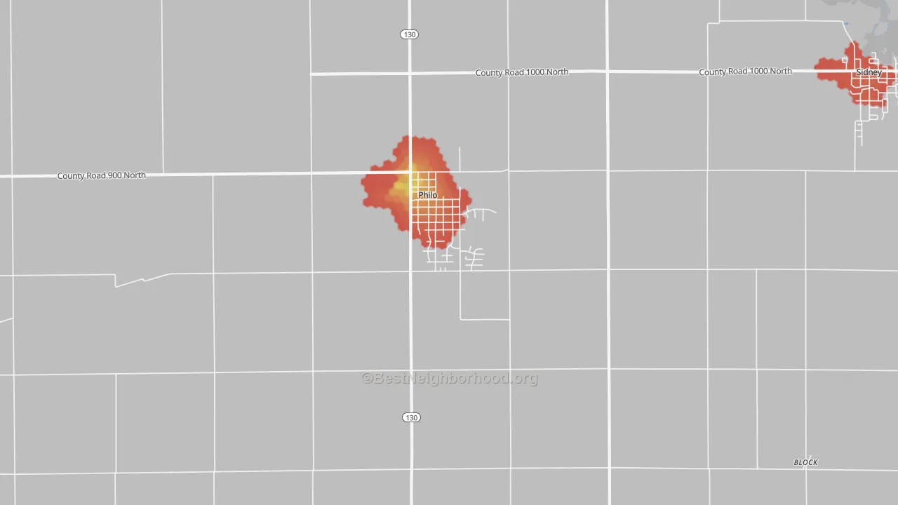 Walk Grade map of 61864, IL, walkable areas in green and car-dependent areas in red