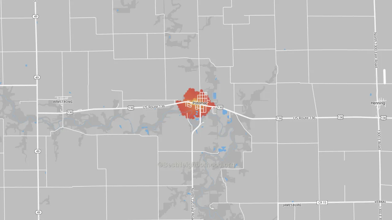 Walk Grade map of 61865, IL, walkable areas in green and car-dependent areas in red