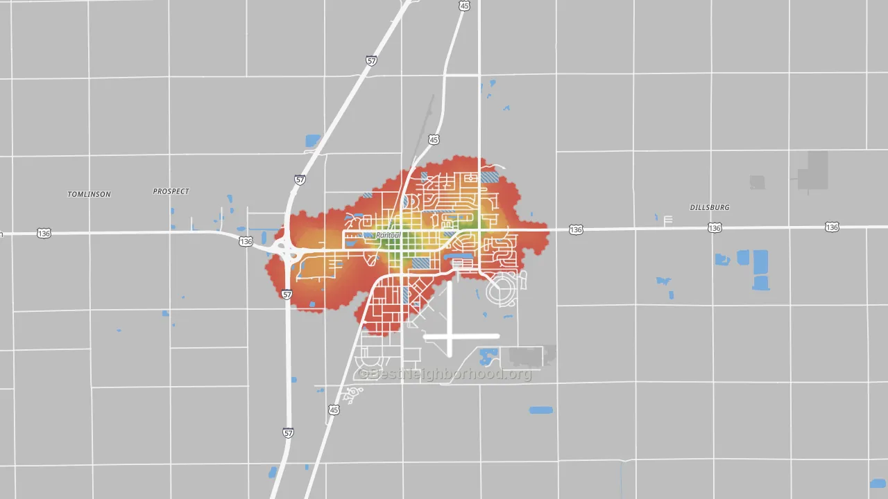 Walk Grade map of 61866, IL, walkable areas in green and car-dependent areas in red