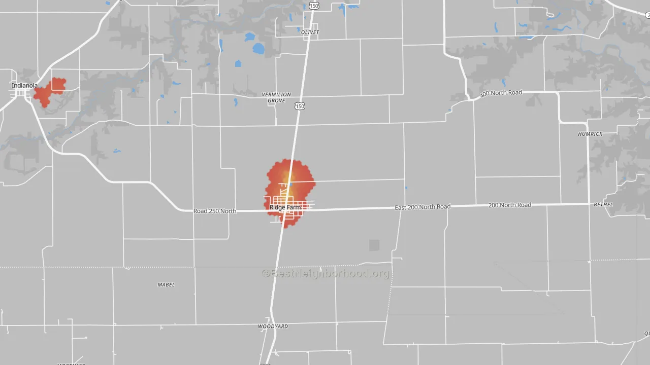 Walk Grade map of 61870, IL, walkable areas in green and car-dependent areas in red