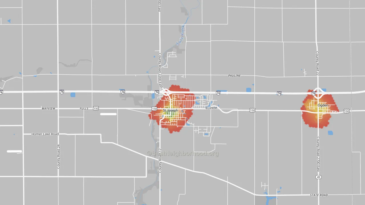 Walk Grade map of 61873, IL, walkable areas in green and car-dependent areas in red