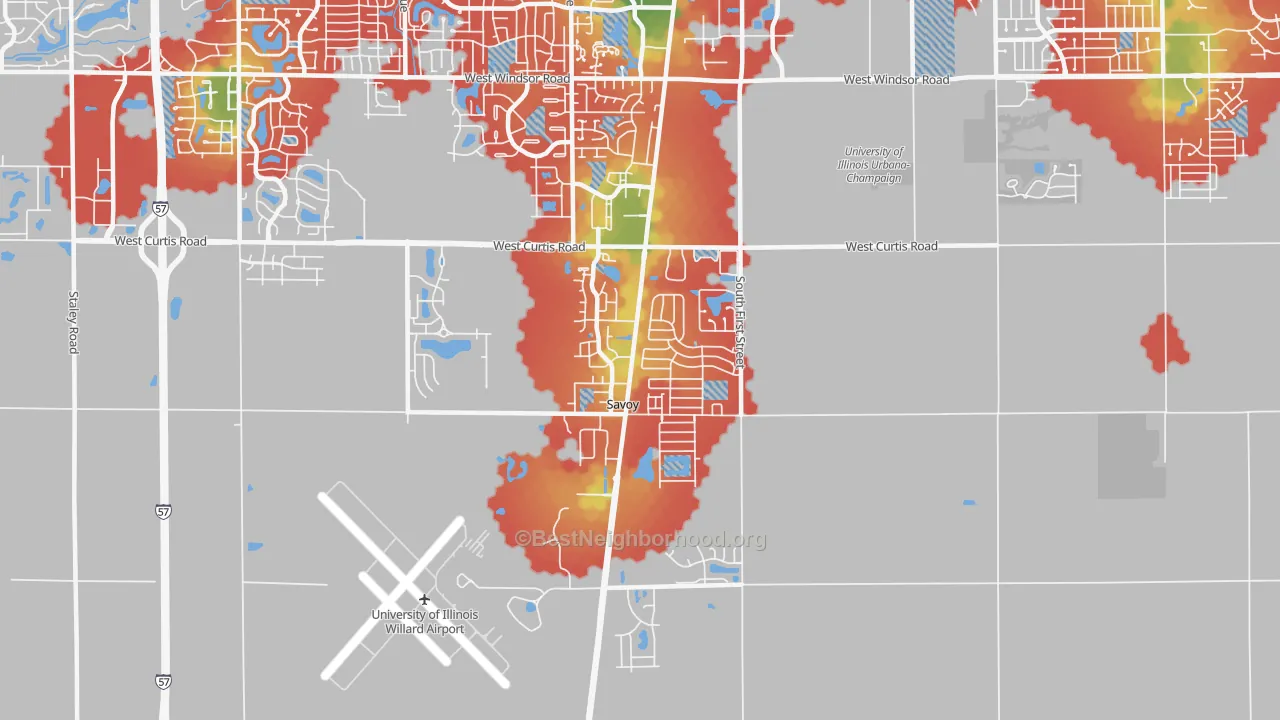 Walk Grade map of 61874, IL, walkable areas in green and car-dependent areas in red