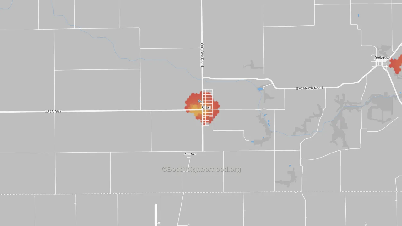 Walk Grade map of 61876, IL, walkable areas in green and car-dependent areas in red