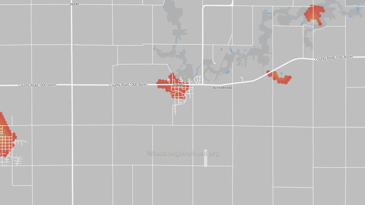 Walk Grade map of 61877, IL, walkable areas in green and car-dependent areas in red