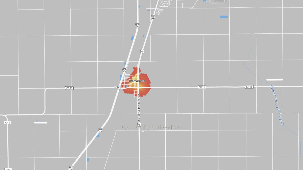 Walk Grade map of 61878, IL, walkable areas in green and car-dependent areas in red