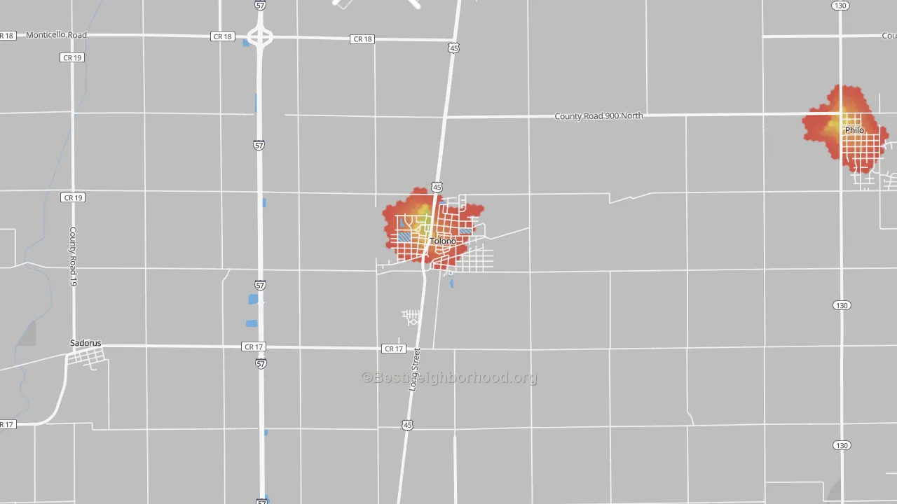 Walk Grade map of 61880, IL, walkable areas in green and car-dependent areas in red