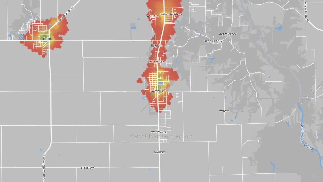 Walk Grade map of 61883, IL, walkable areas in green and car-dependent areas in red