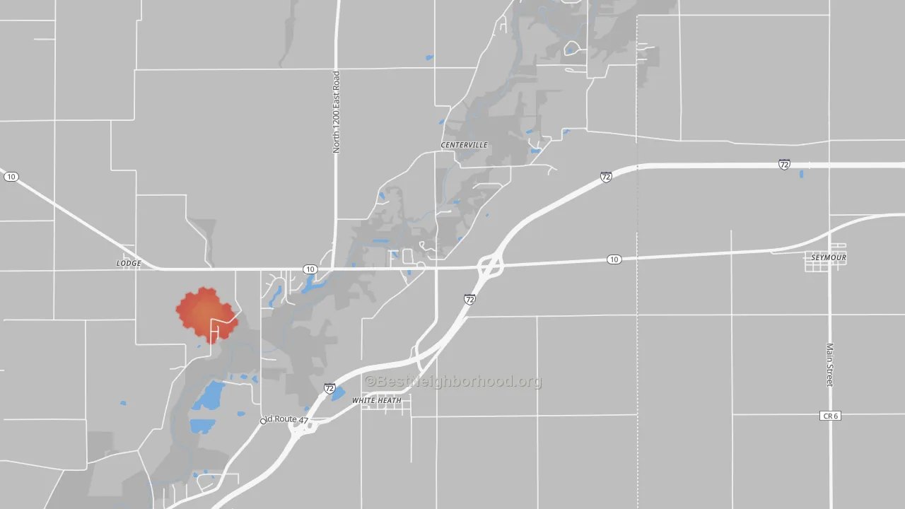 Walk Grade map of 61884, IL, walkable areas in green and car-dependent areas in red