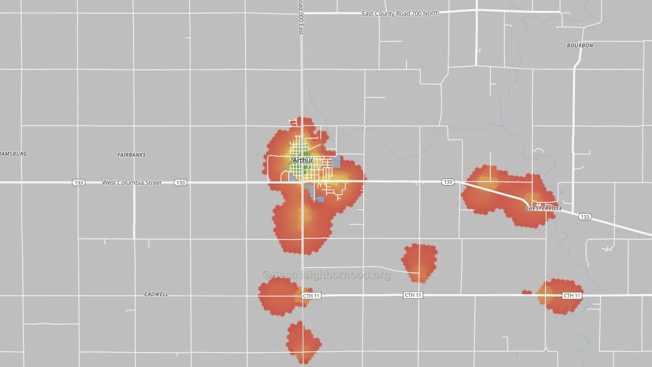Walk Grade map of 61911, IL, walkable areas in green and car-dependent areas in red