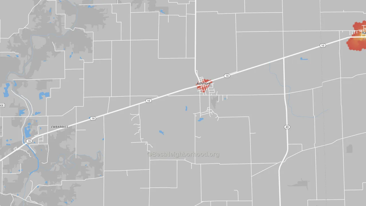 Walk Grade map of 61912, IL, walkable areas in green and car-dependent areas in red