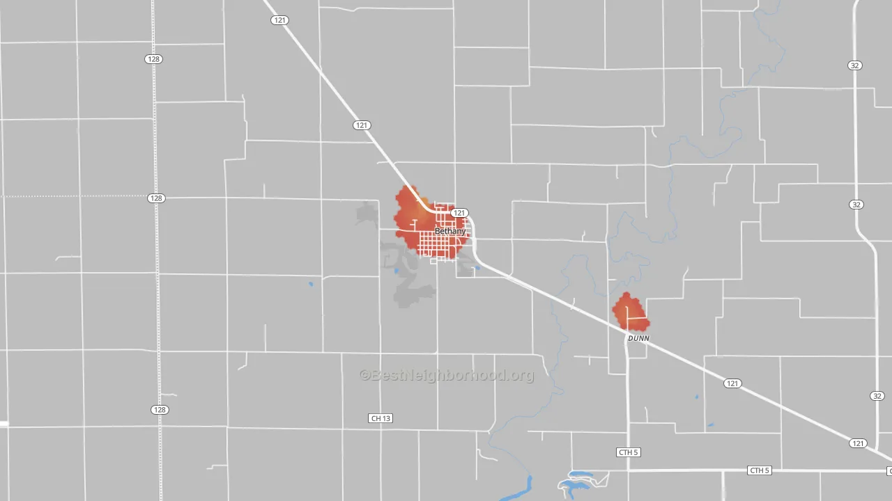 Walk Grade map of 61914, IL, walkable areas in green and car-dependent areas in red