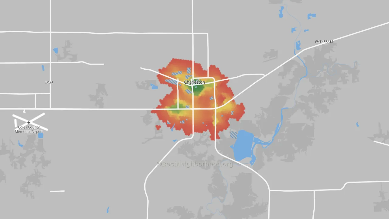 Walk Grade map of 61920, IL, walkable areas in green and car-dependent areas in red