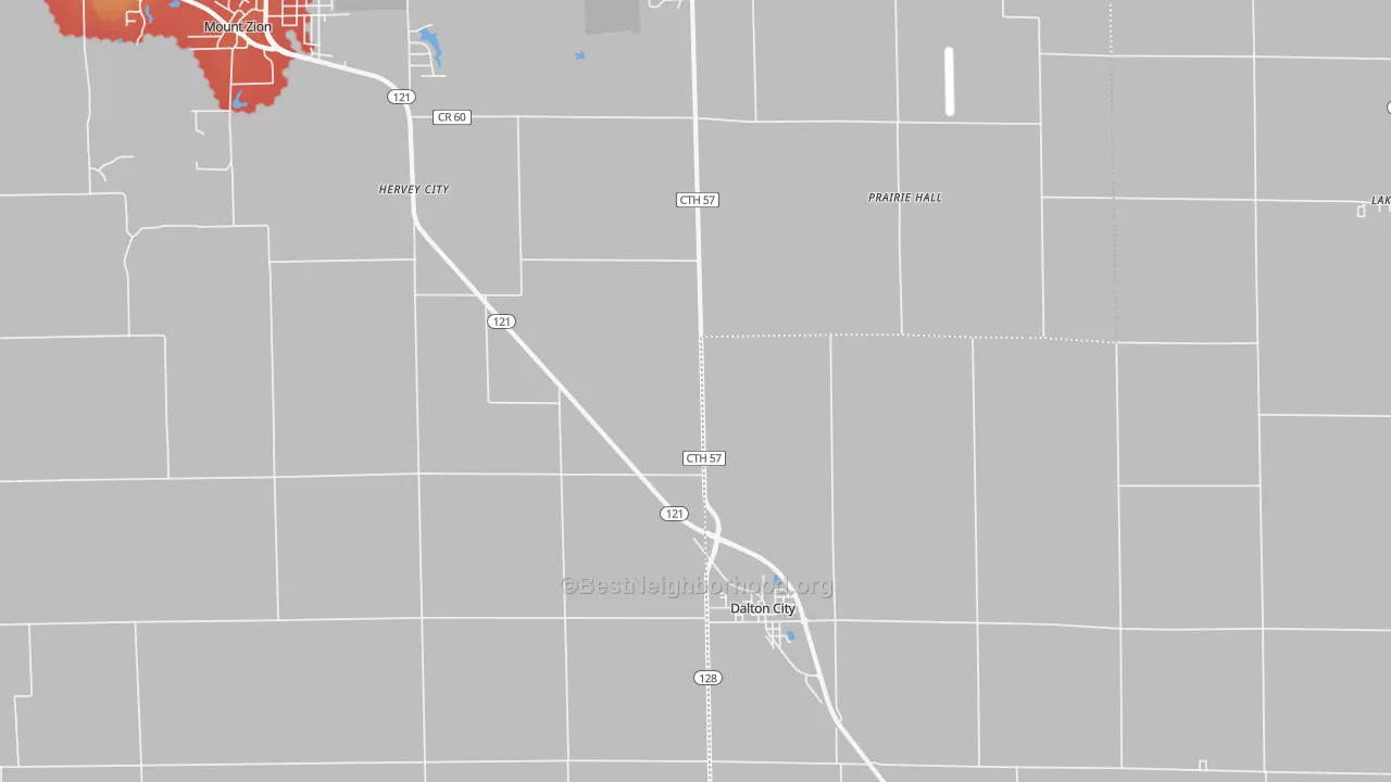 Walk Grade map of 61925, IL, walkable areas in green and car-dependent areas in red