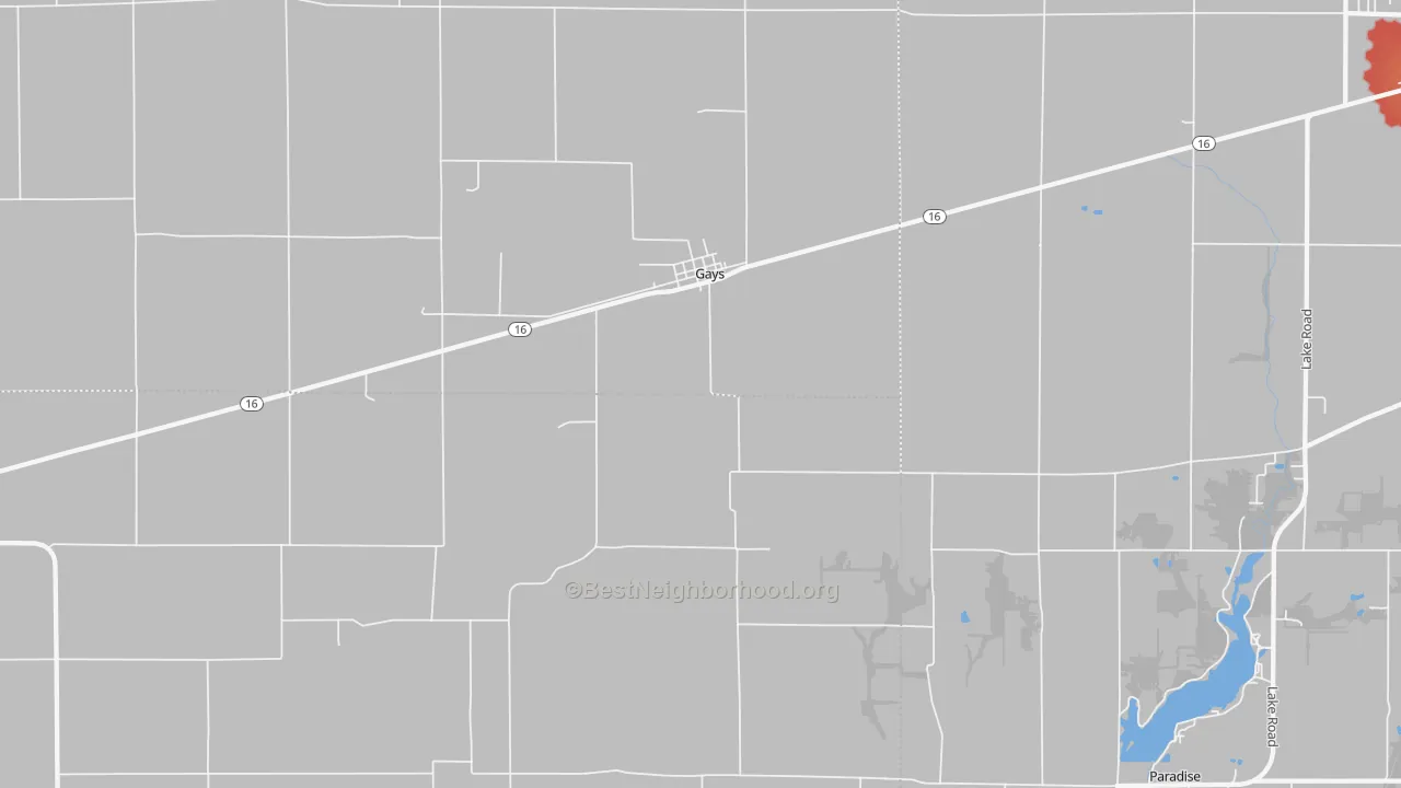 Walk Grade map of 61928, IL, walkable areas in green and car-dependent areas in red