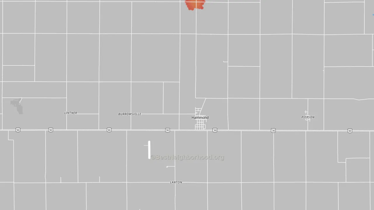 Walk Grade map of 61929, IL, walkable areas in green and car-dependent areas in red